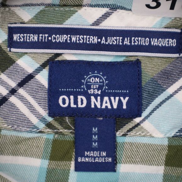 Old Navy Shirt Mens M Blue Green Plaid Pearl Snap Western Fit Button Up Dress - Picture 2 of 16